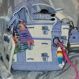 Sardine Striped Blue & White Canvas Crossbody Mini Tote Bag